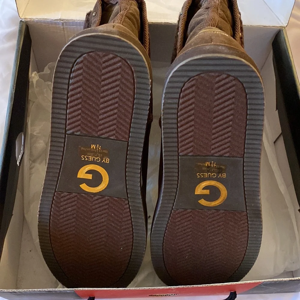 NIB G BY GUESS Y2K Brown Multi Fabric Boots Sz 7.5 - Picture 4 of 8